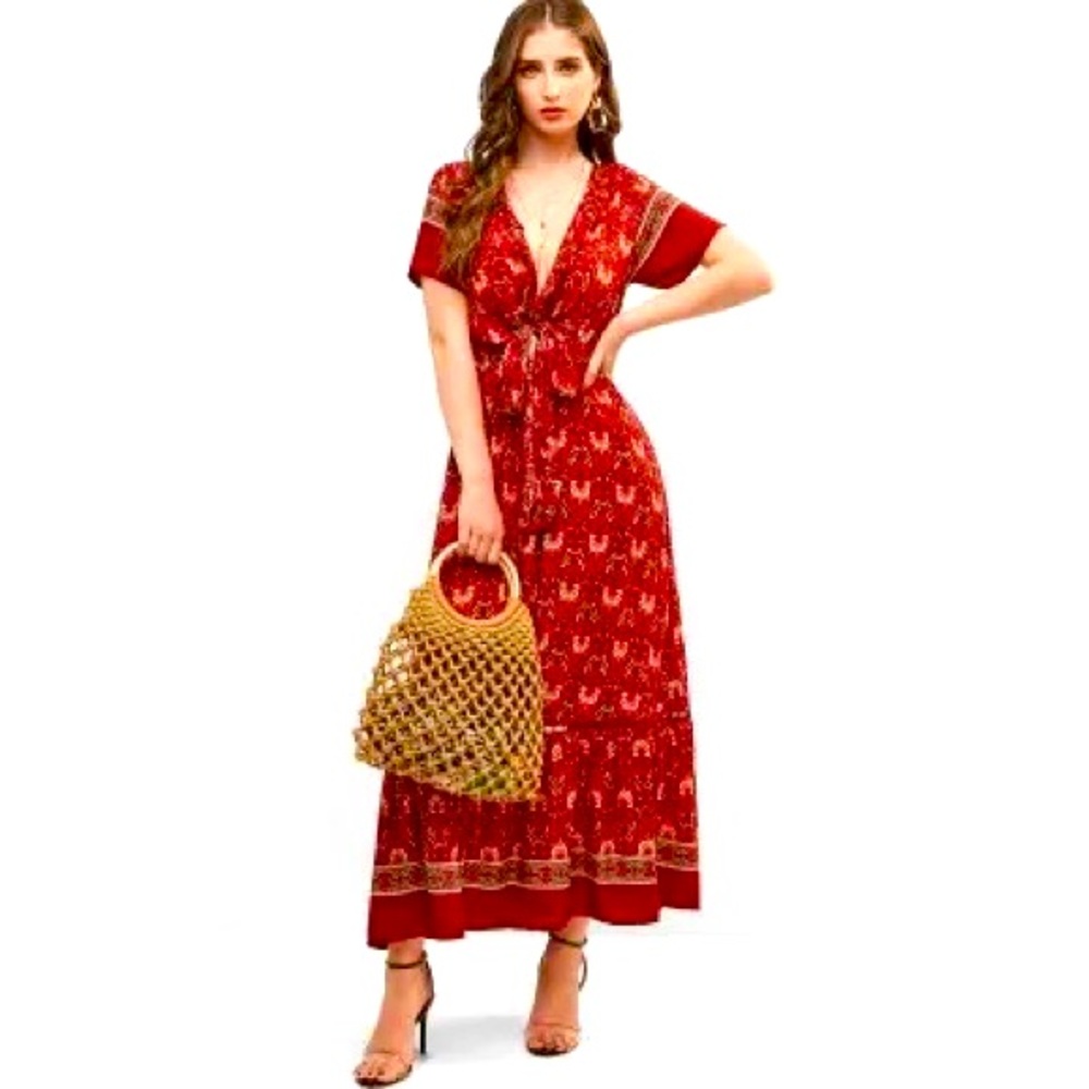 Kiss The Sky Red Boho Tie Front Maxi Floral Dress Medium Long Full Length